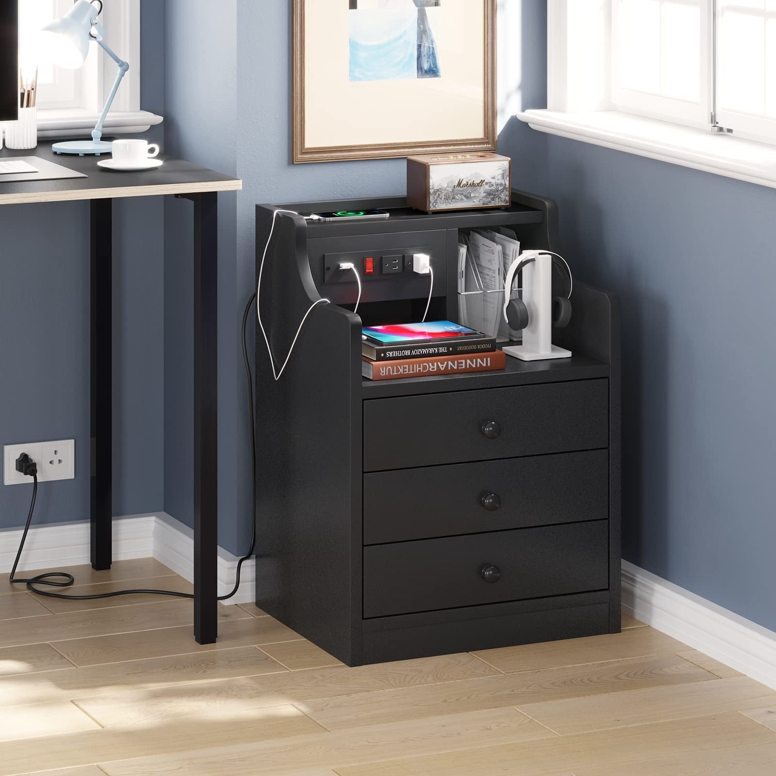 Afuhokles Nightstand Set of 2 with Charging Station, Bedside Table with Hutch and Storage Drawers, Black
