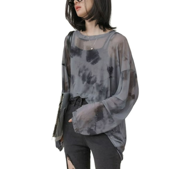Huhudde Fashionable Tie Dye Long Sleeve T-Shirt with Sheer Mesh Designs for Women See Through Drop Shoulder Blouse Tees Top