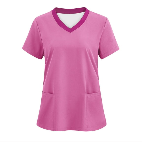 Alkepwun Breast Cancer Awareness Scrub Tops for Women Short Sleeve V Neck Pink Ribbon Working Uniform with Pockets Nurse Shirt