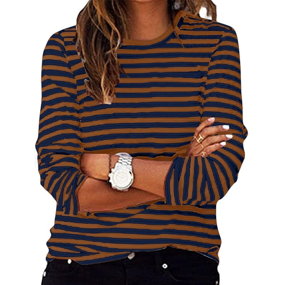 ZHOGXU Women's T Shirt Long Sleeve Crew Neck Striped Printed Comfortable Breathable Stylish Top For Casual Daily Wear,Brown,L