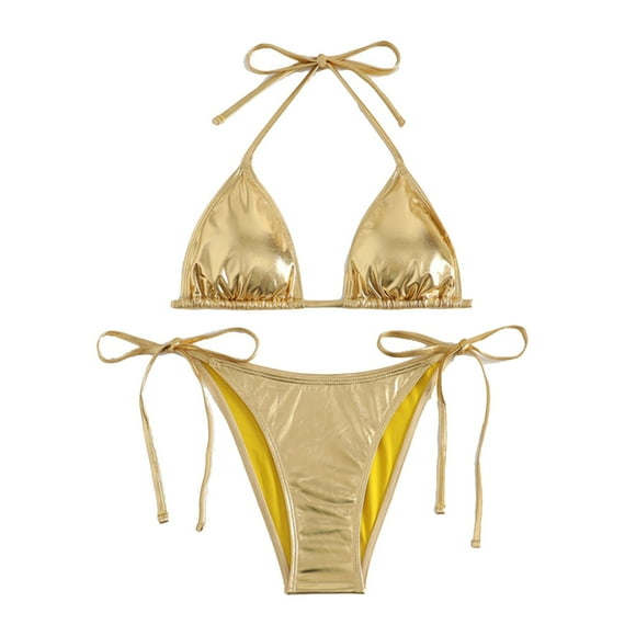 Summer Swimwear Tankinis Set Two Piece Swimsuit with Tie Design Ideal for Pool and Beach Featuring Gold Foil Decoration for Summer 2026 Fashion,Color:Gold,Size:S