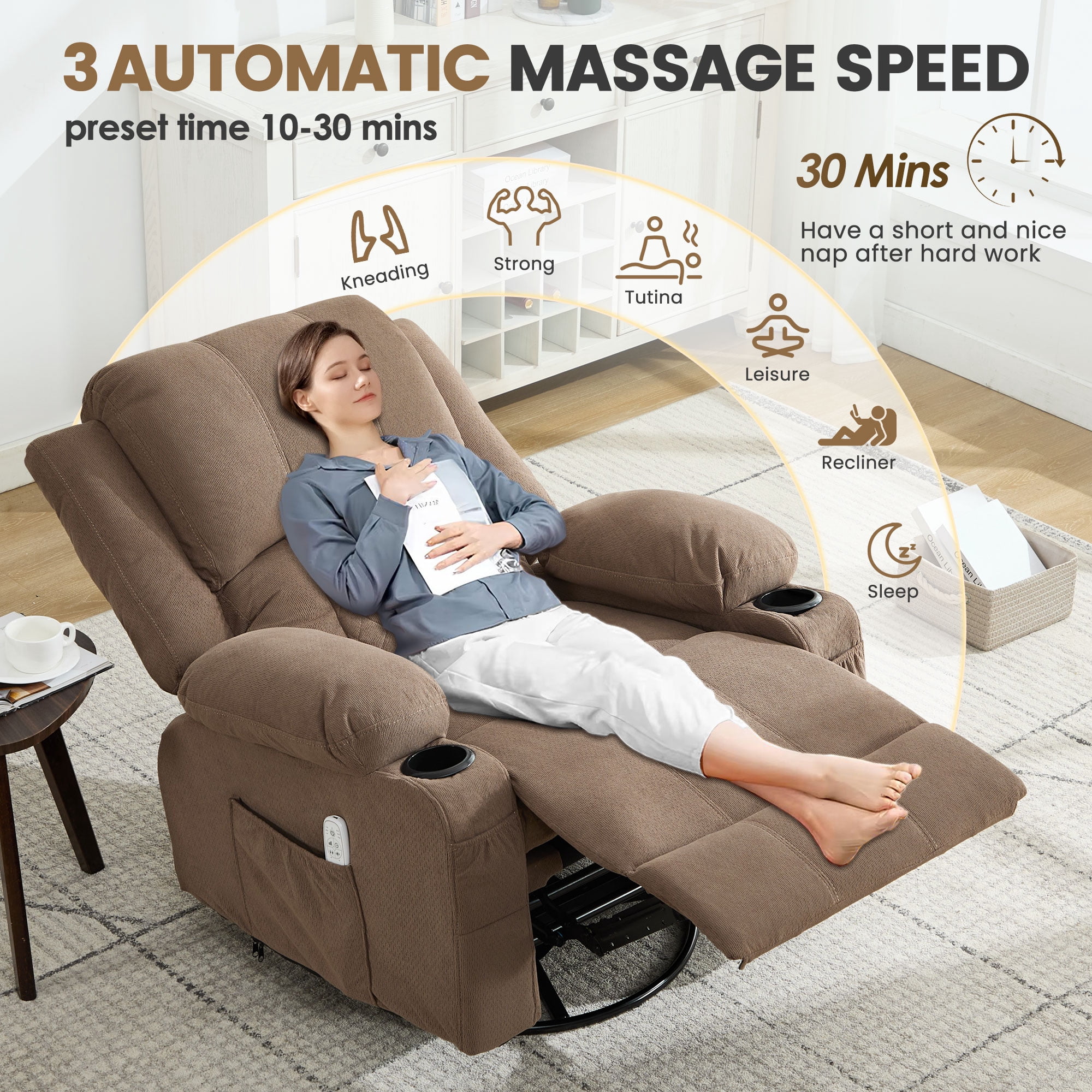 JONPONY Kneading Massage Rocker Recliner Chair with 4-Point 3D Kneading Massage and Heat Ergonomic Lounge Chair for Living Room with Rocking Function and 2 Cup Holders, USB Charge Port,Brown