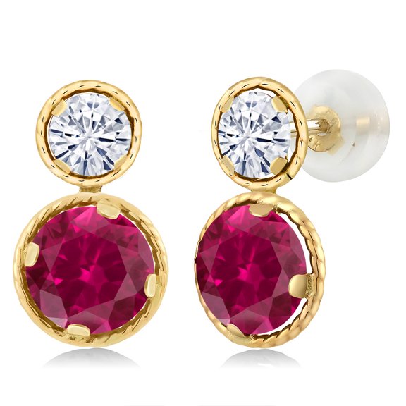 Gem Stone King 14K Yellow Gold Red Created Ruby and Near Colorless (GH) Moissanite Earrings for Women (2.46 Cttw, Gemstone July Birthstone, Round Cut 6MM and 4MM)