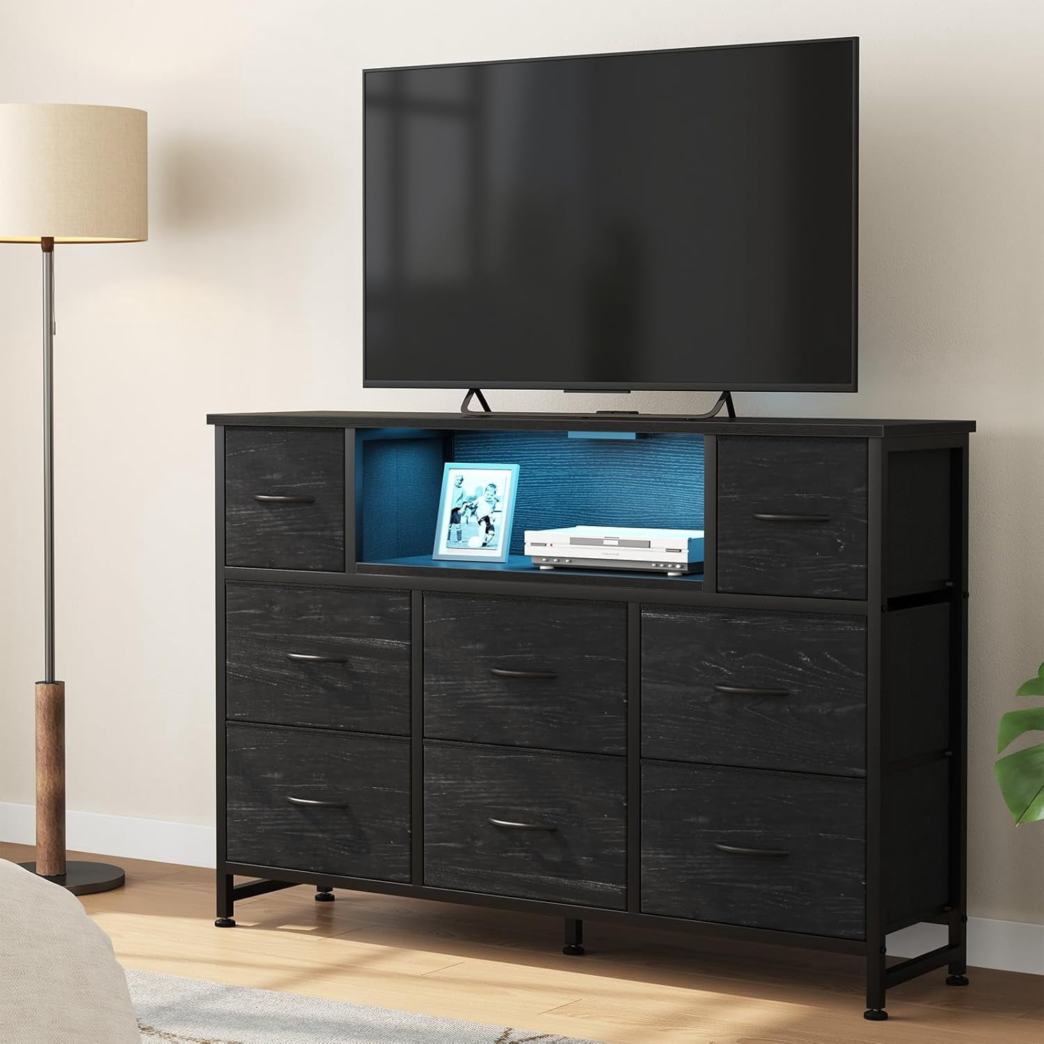 LED TV Stand for 50/55 inch TV, Dresser with 8 Fabric Drawers, Entertainment Center with Open Storage Shelves & Power Outlet, Tall Storage Chest for Bedroom, Living Room, Black Wood