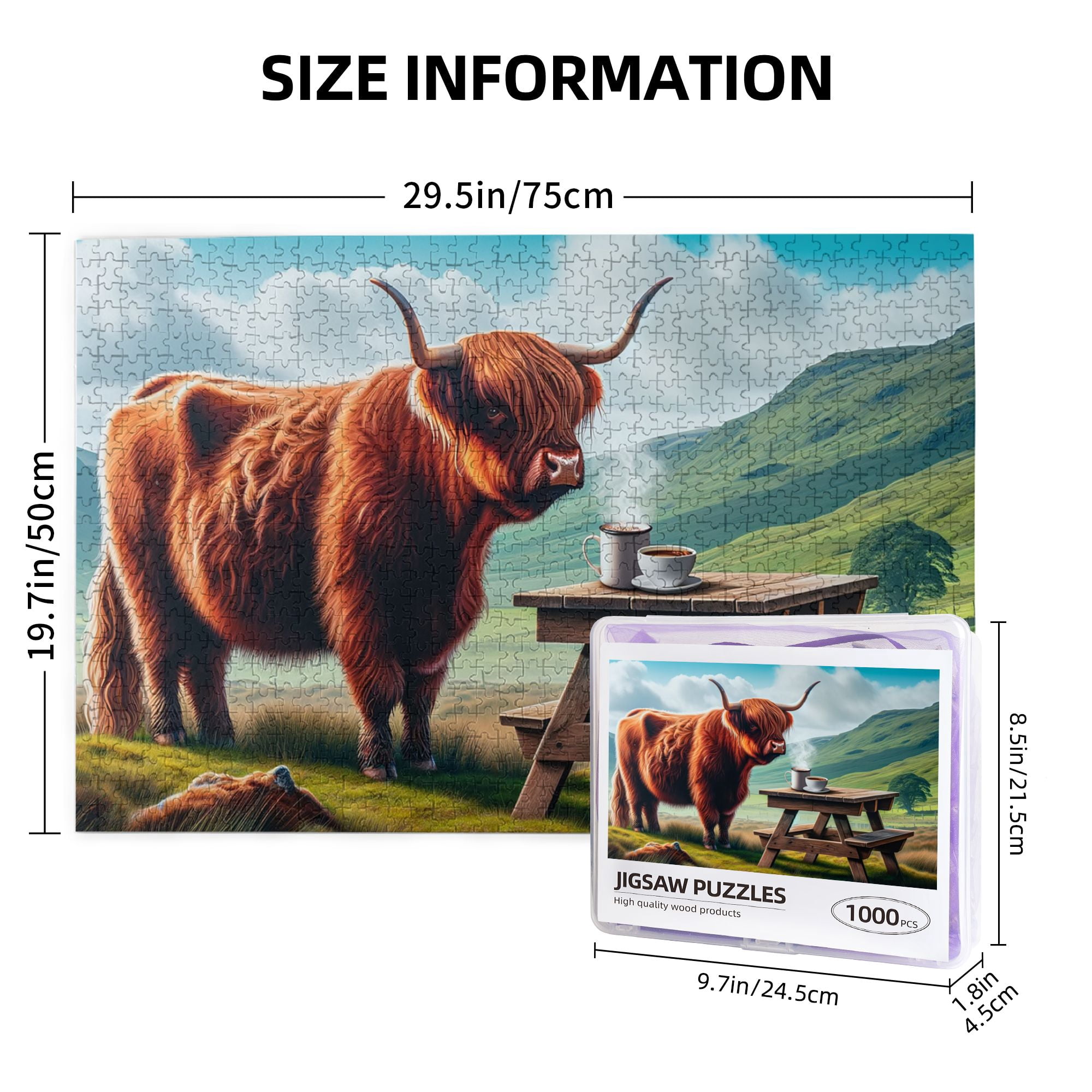 1000 PCS Coffee Break At Highland Cow 1000 Piece Animal Puzzles,Wonderful Imagination,Modern Style Animal Wooden Puzzle As Home Wall Decor,Ideal For Relaxation And Family Fun