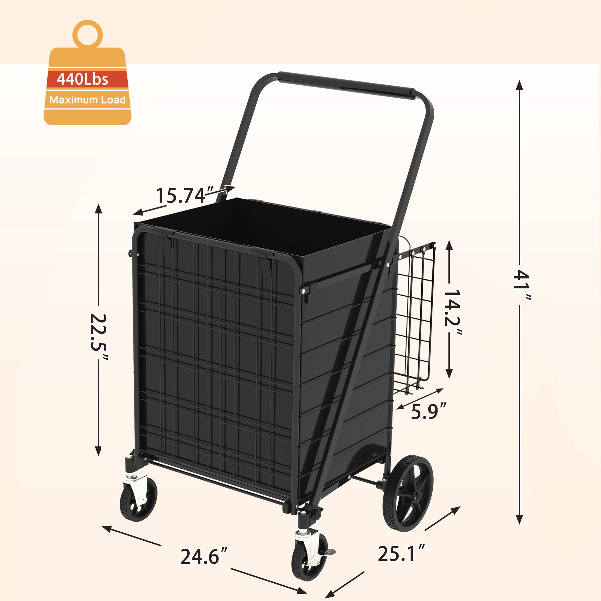 Yoneston Heavy Duty Shopping Cart with Side Basket, 440 LBS Capacity Folding Grocery Cart with Brake Wheels, Utility Cart for Laundry, Groceries, Travel, Black