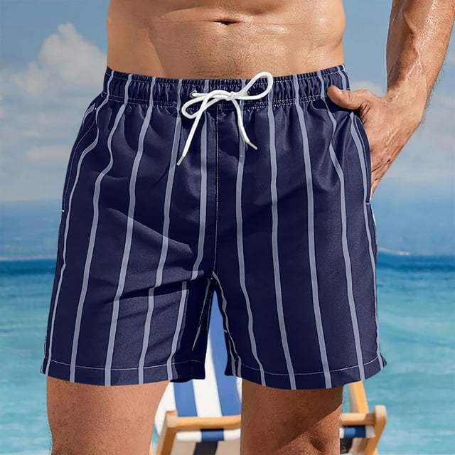 RKSTN Mens Swim Trunks Striped Print Novel Plus Size Elastic Waistband Drawstring Comfortable Summer Beach Breathable Vacation Shorts with Pockets