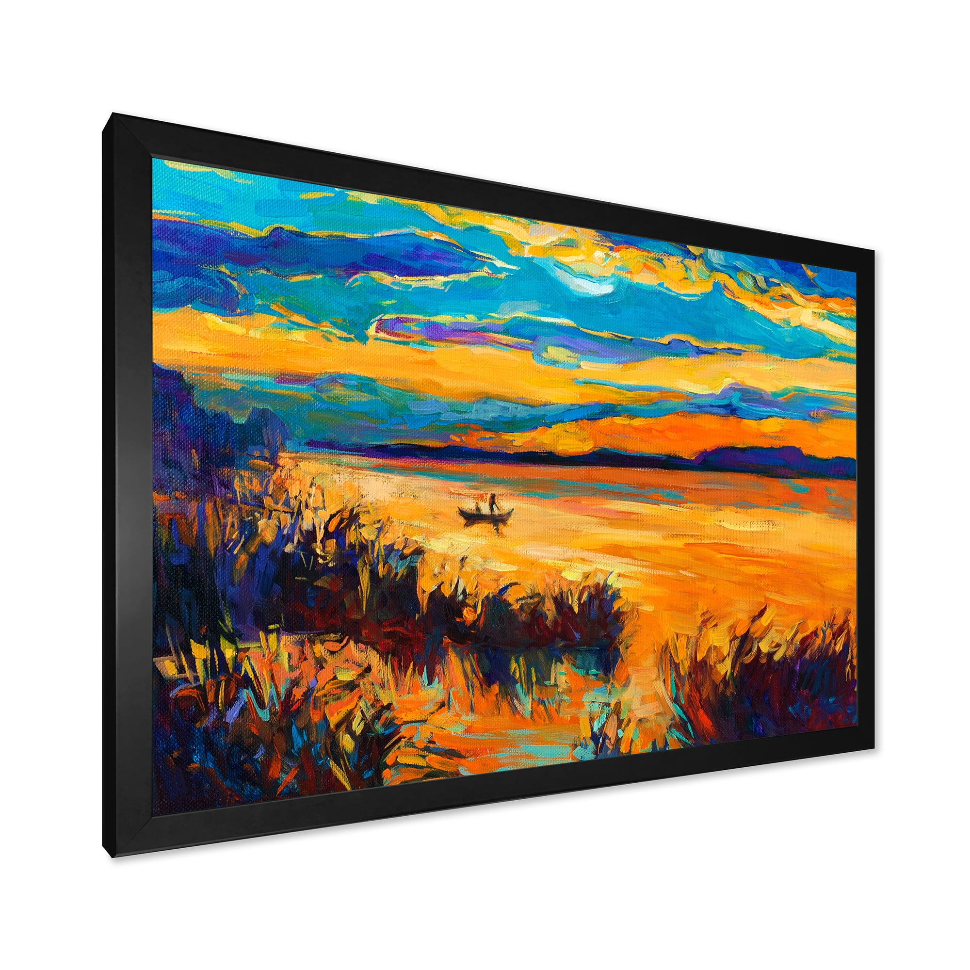 Little Boat At The Horizon Of A Lake During Evening Glow 20 in x 12 in Framed Painting Canvas Art Print, by Designart