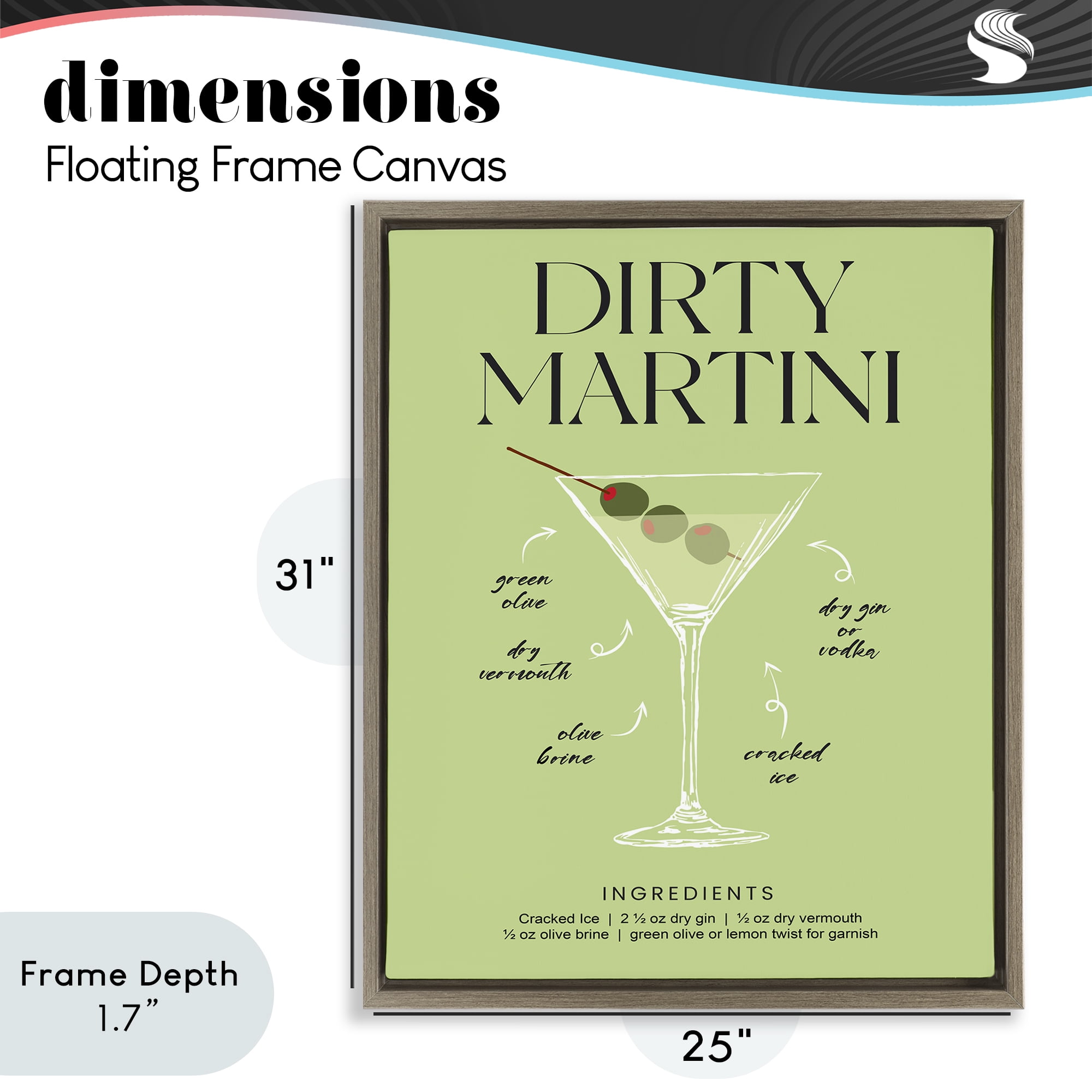 Stupell Industries Dirty Martini Green Recipe Brown Framed Floater Canvas Wall Art, design by Lettered and Lined