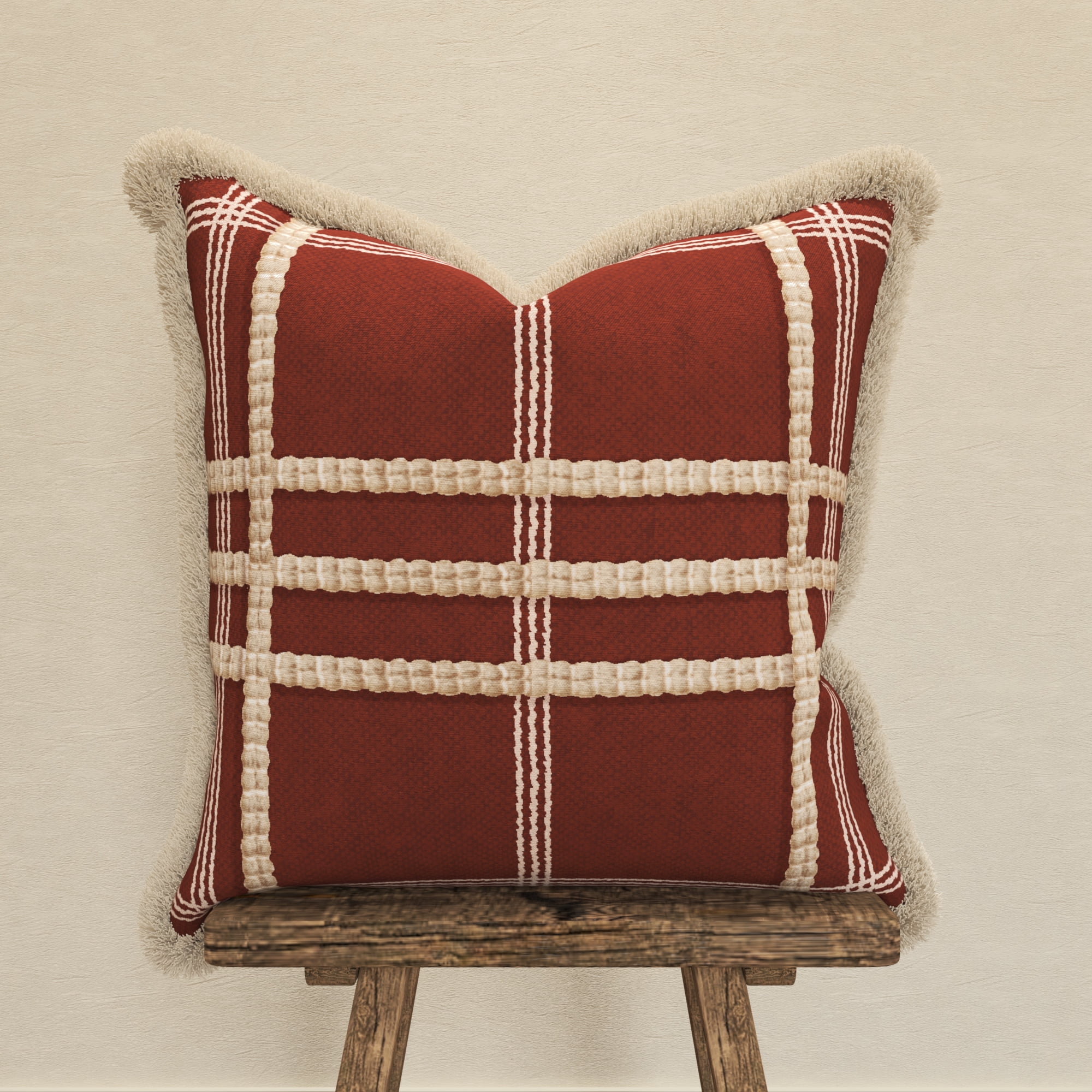 Decorative Throw Pillow Cover, 20” x 20”, Red and Ivory, Printed Textural Plaid in Red and Ivory on Faux Linen Creating a Comfortable and Stylish Update to any Living Room, Bed, and Sofa