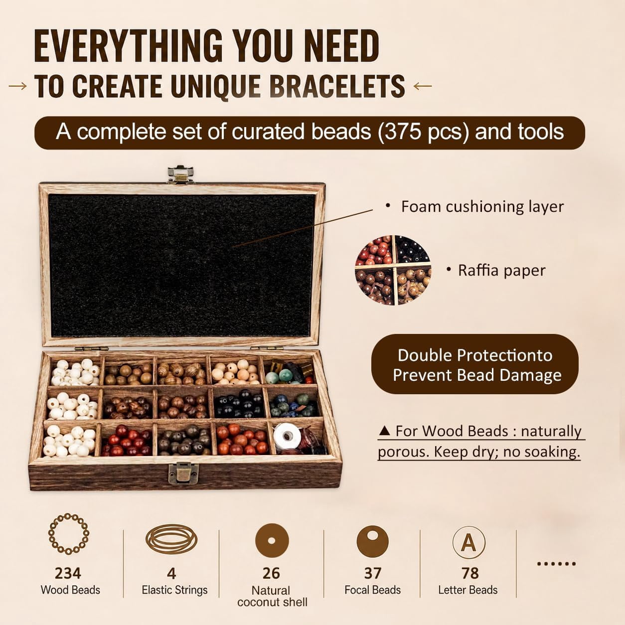 349PCS Wooden Beads Bracelet Making Kit for Adults and Teens, DIY Jewelry Making Set with Natural Wood Beads, Letter Beads, Elastic Cord and Beading Supplies