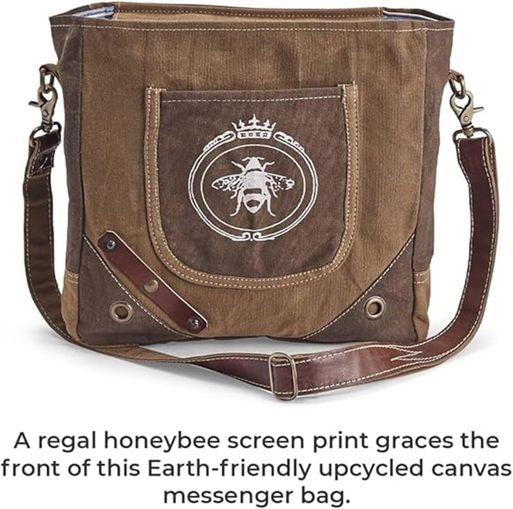 SAGEFINDS Queen Bee Messenger Bag | Upcycled Canvas Shoulder Purse for Women | Earth Friendly Tote | Adjustable and Detachable Crossbody Strap | Zip Closure | 12.25” x 12”