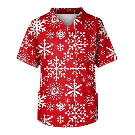 

Ovticza Scrubs for Women Christmas Tops Print with Pockets Xmas V Neck Short Sleeve Nursing Plus Size Print Womens Scrub Top Christmas White L