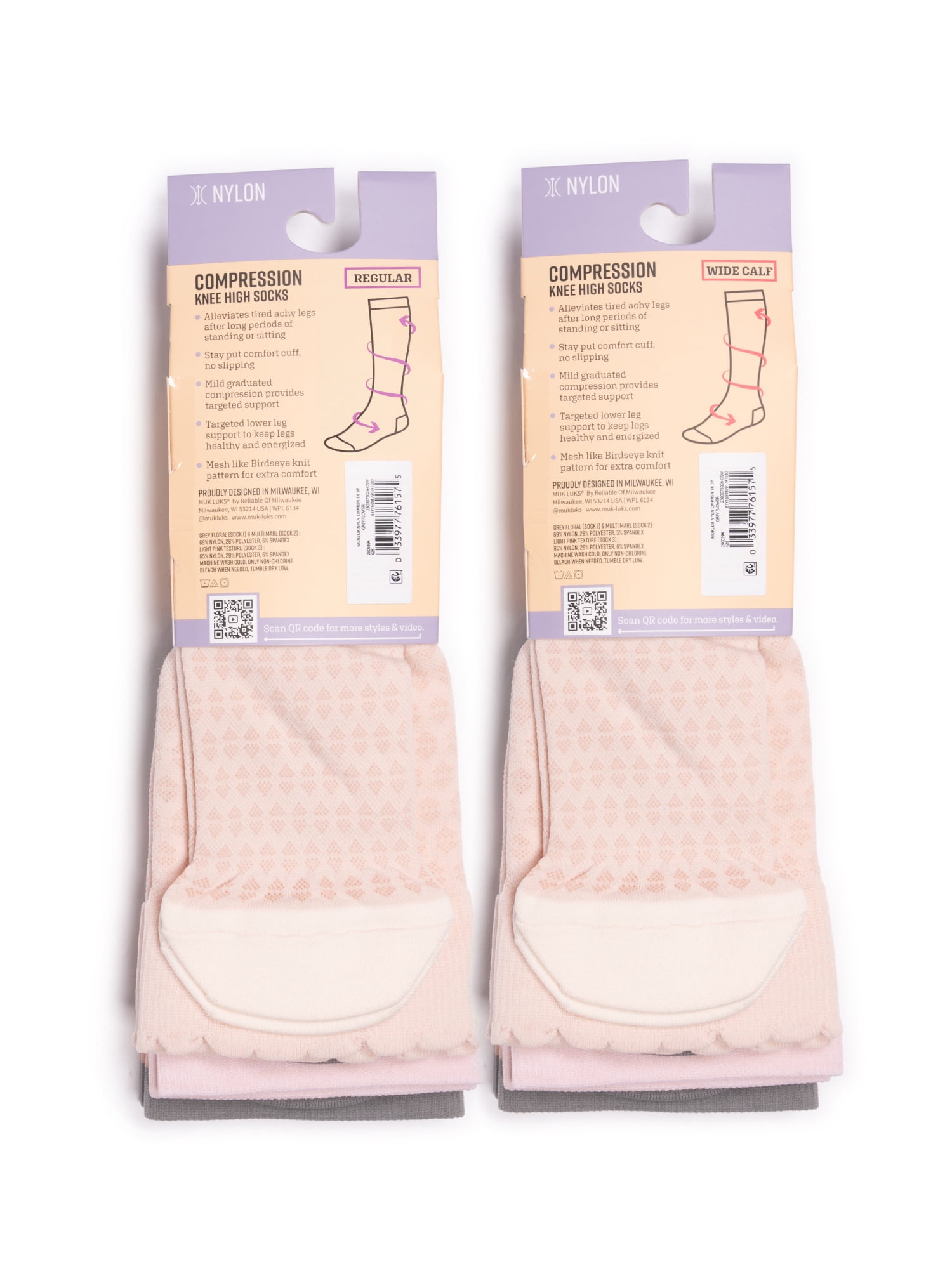 MUK LUKS Women's Wide Width Compression Nylon Knee-High Socks, 3-Pack, Shoe Size 6-10