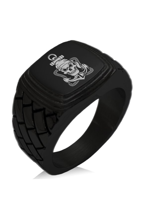 Stainless Steel Jolly Roger Pirate Skull Rope & Anchor Geometric Pattern Step-Down Biker Style Polished Ring