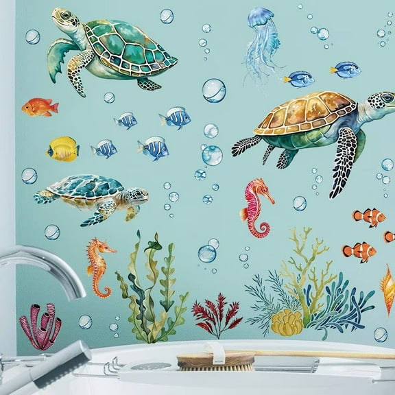 Large Summer Ocean Window Clings Decals, Watercolor Sea Turtle Jellyfish Bubbles Wall Stickers, Peel and Stick Ocean Anmial Wall Decor for Bedroom Bathroom Window School Nursery Decoration