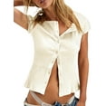thumbnail image 1 of Women'S Short Sleeve Summer Tops Ribbed Knit Button Down Tight Tees Shirts Going Out Y2K Clothes Apricot XS, 1 of 8