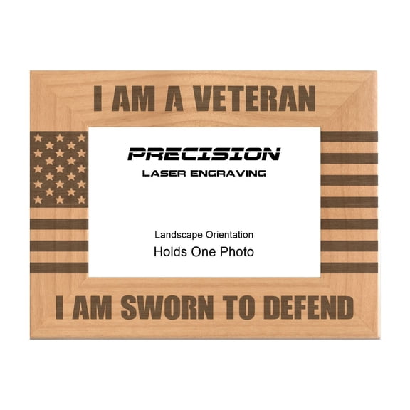 PrecisionNC Engraving Military Gifts Veteran Sworn to Defend with American Flag Engraved Natural Wood Picture Frame 4x6 Landscape