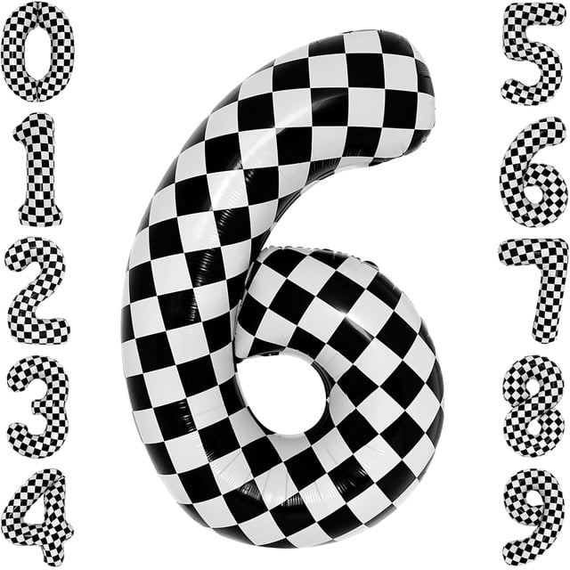 Yanonmyfd Globo grande de 40 pulgadas a cuadros con números blancos y negros para coche de carreras, suministros de fiesta de 5 cumpleaños número 5 globo a cuadros,Cuadros 6