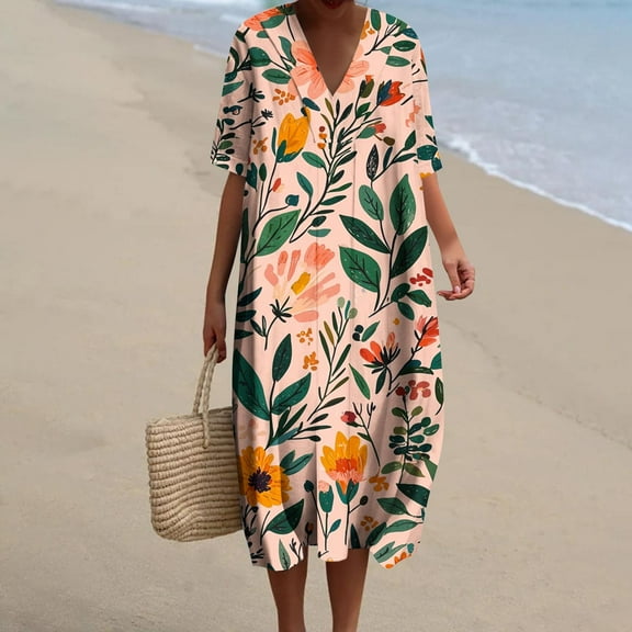 lcziwo Casual Summer Dresses for Women with Pockets Cotton Plus Size Hawaii Print Short Sleeve Maxi Dress Loose V Neck Long Dress Watermelon Red M