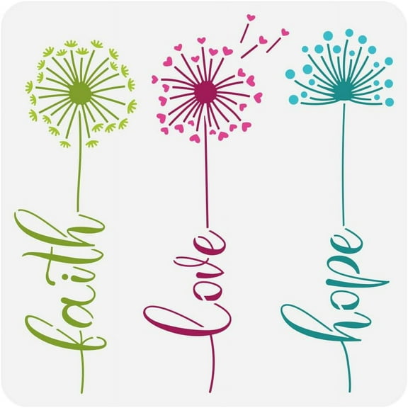 Dandelion Painting Stencil 11.8x11.8 inch Reusable Flowers Words Stencil for Painting Plastic PET "Faith" "Hope" "Love" Drawing Template Plants Theme Stencil for Painting on Wood Fabric