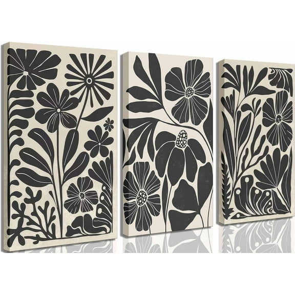 3Pcs Black Abstract Floral Canvas Wall art Mid Century Modern Retro Flower Botanical Painting Pictures Wall Decor Boho Minimalist Poster Print for Farmhouse Bedroom Living Room Und