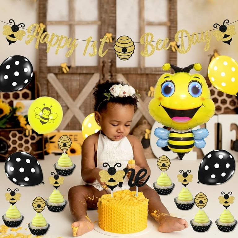 3 Pcs Happy 1st Bee Day Party Decorations, Bumble Honey Bee 1st Birthday  Baby Photo Banner and Cake Topper, Bee Decorations Bee Birthday Party