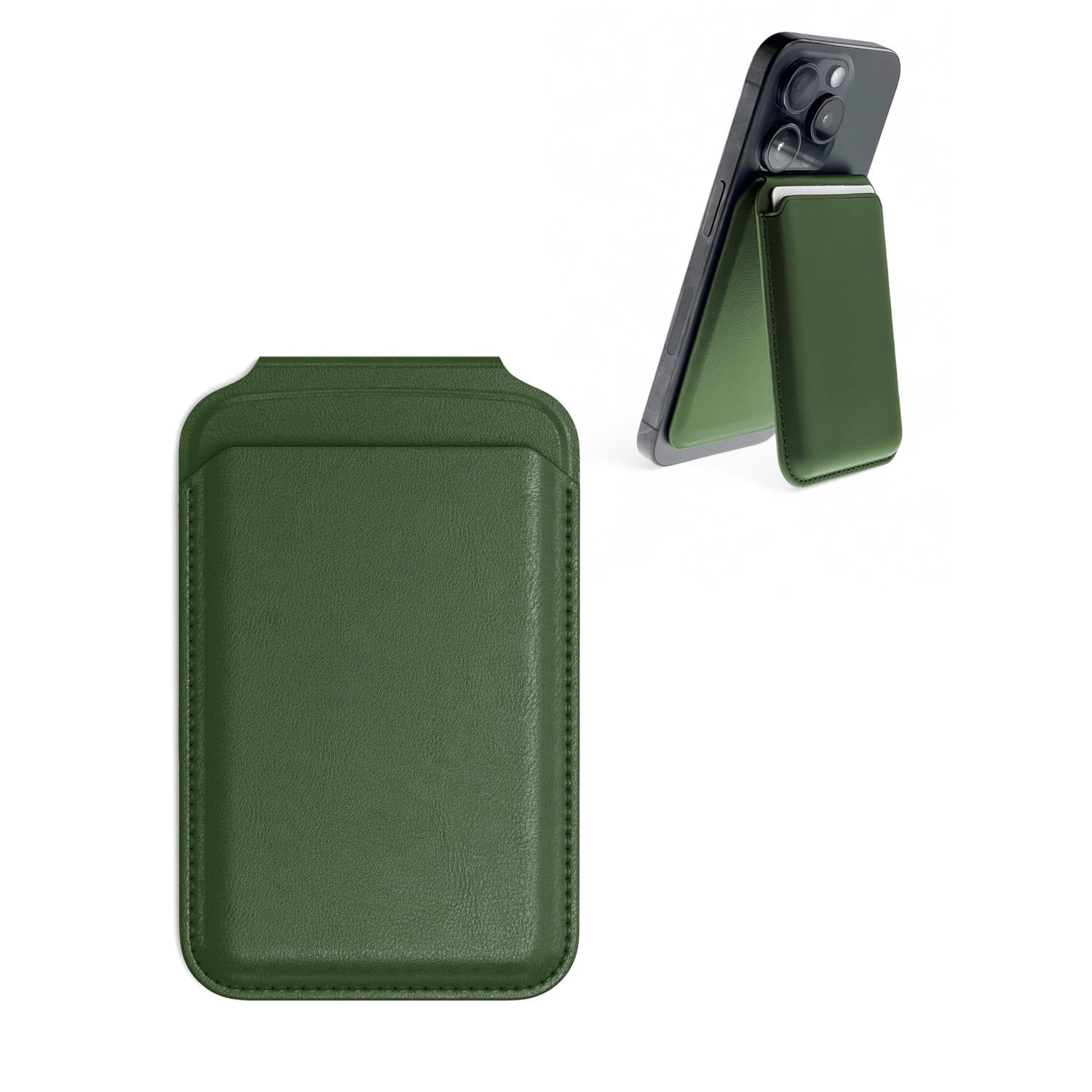 Magnetic Leather Card Pocket Holder with Adjustable Stand - Green