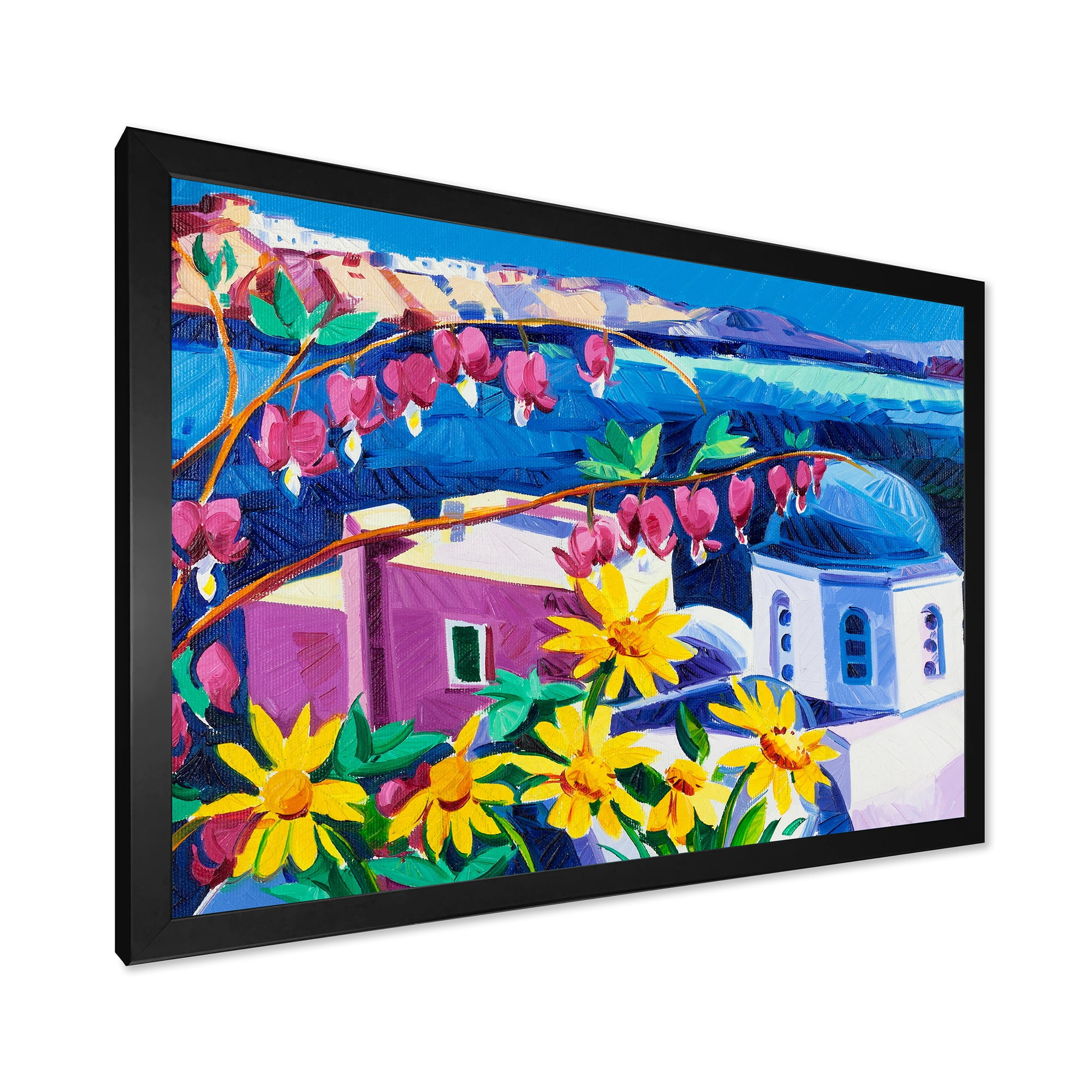 Designart 'Colorful Traditional Santorini Churches Among Flowers' Nautical & Coastal Framed Art Print