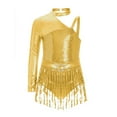 thumbnail image 2 of Sholeno Kids Girls Sequin Latin Dance Tassel Dress Leotard Shiny Asymmetrical Shoulder Fringe Skirted Bodysuit Gold 16, 2 of 6