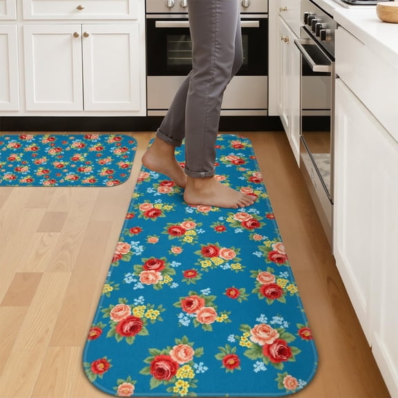 Pioneer Flower Floral Print Pattern Kitchen Mat Set Of 2,Anti-Fatigue Floor Mats, Non-Slip Standing Mats for Kitchen, 47x17 and 30x17 Inches