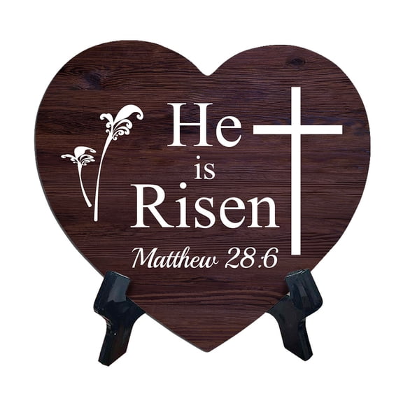 He Is Risen Matthew 28:6 Heart Table Sign with Acrylic Stand (6x5") | Religious Home Decor