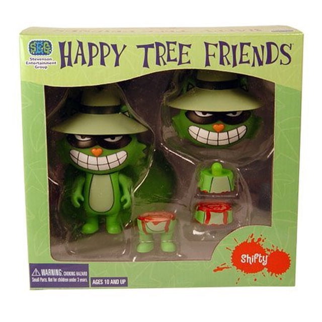 happy tree friends shifty cut-up deluxe juego de figuras de acción Vista frontal de caja con ventana que muestra dos figuras Shifty: una figura completa con sombrero verde y otra desmontada en torso y piernas con pintura roja simulando cortes; incluye piezas y accesorios pequeños, embalaje ilustrado con logo Happy Tree Friends y etiqueta "Shifty", color multi.