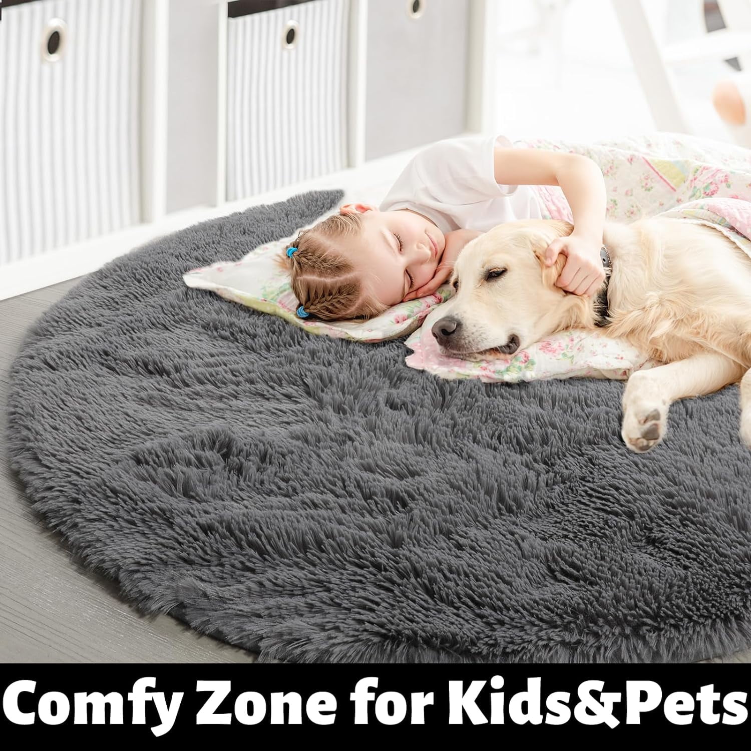 Sanmadrola Round Area Rug for Bedroom Fluffy Circle Rug 5.2'X5.2' for Kids Room Furry Carpet for Girls Bedroom Shaggy Circular Rug for Nursery Room Fuzzy Plush Rug Dorm Cute Room Decor for Baby Gray