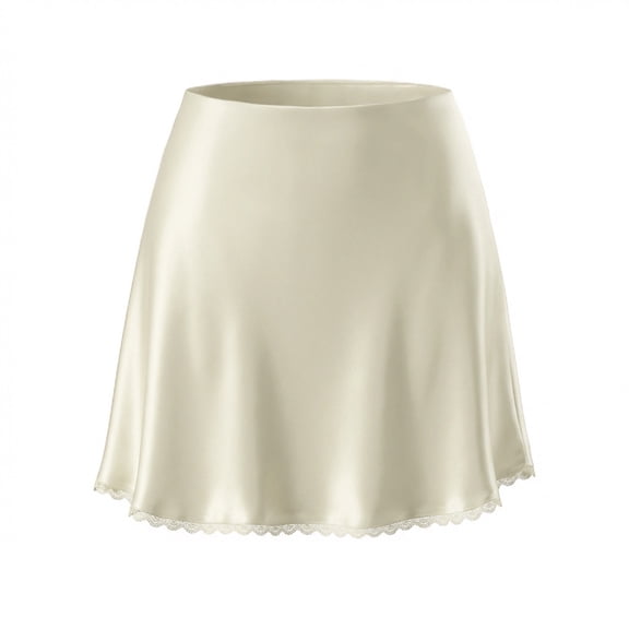 Women Satin Silky Mini Skirts Solid Color Lace Trim Patchwork Short Skirt Lightweight A Line Slip Skirt for Date Nights