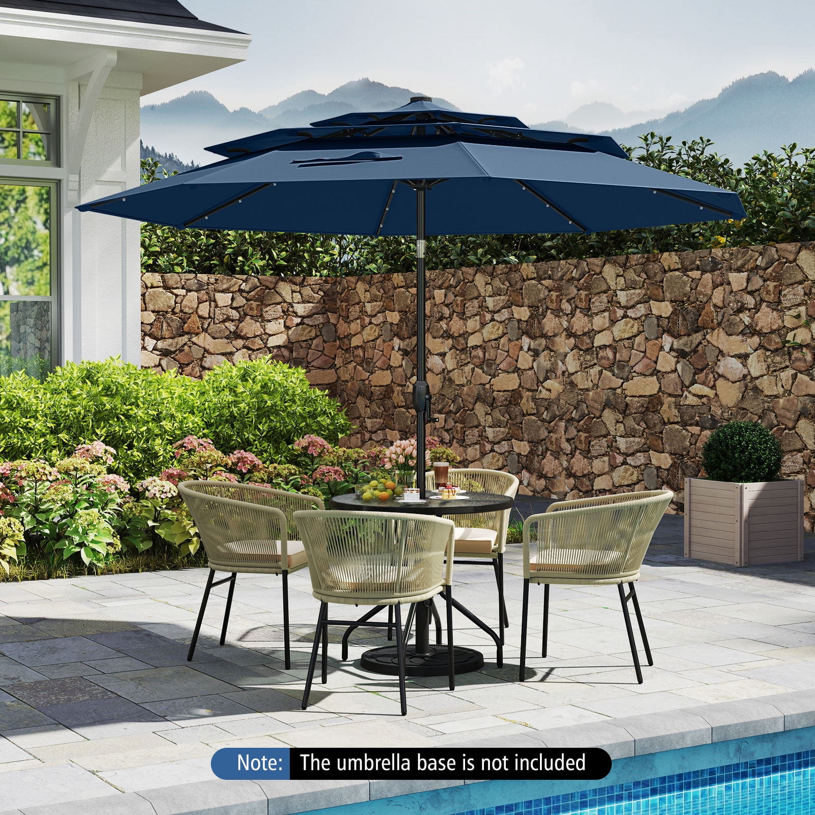 Gymax 10 FT Solar Patio Umbrella w/ 32 LED Lights 3-Tier Vented Top Tilt Adjustment Navy