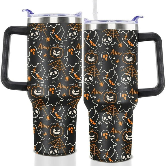 40oz Halloween Tumbler with Lid and Straw,Ahh Ghost Halloween Theme Cups, Spooky Halloween Travel Coffee Cup with Handle for Birthday Party Gifts
