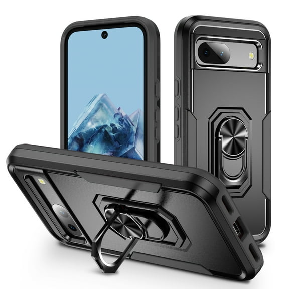 for Google Pixel 7A Armor Case with Camera Lens Slide Protection [Military Grade Drop Tested] for Magnetic Car Mount Ring Holder Kickstand Protective Heavy Duty Phone Case,Black