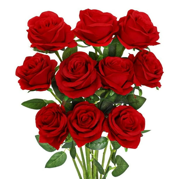 Rosa Artificial Rosas de Seda Roja con Ramo de Flores de Tallo DecoracióN para el Hogar Fiesta de Boda, Paquete de 10 (Rojo)