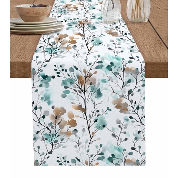 Ldtrchee Teal Brown Spring Floral Table Runner 72 Inches, Summer Botanical Abstract Bed Runner Dresser Scarves Tabletop for Indoor Outdoor Parties/Ceremony/Banquet, 13" x 72"