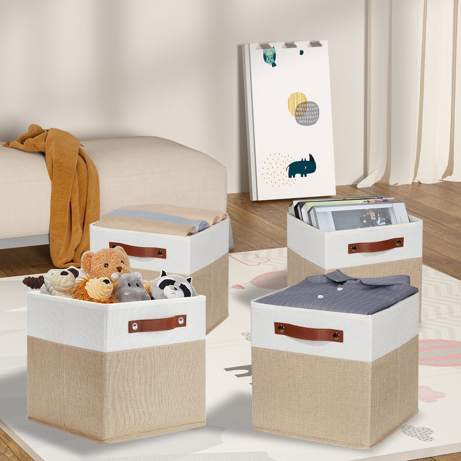 ENLOY Fabric Cube Storage Organizer Bins, 13x13 inch - 4 Pack Foldable Storage Cube Bins for Shelves, Large Capacity Storage Boxes with Leather Handle