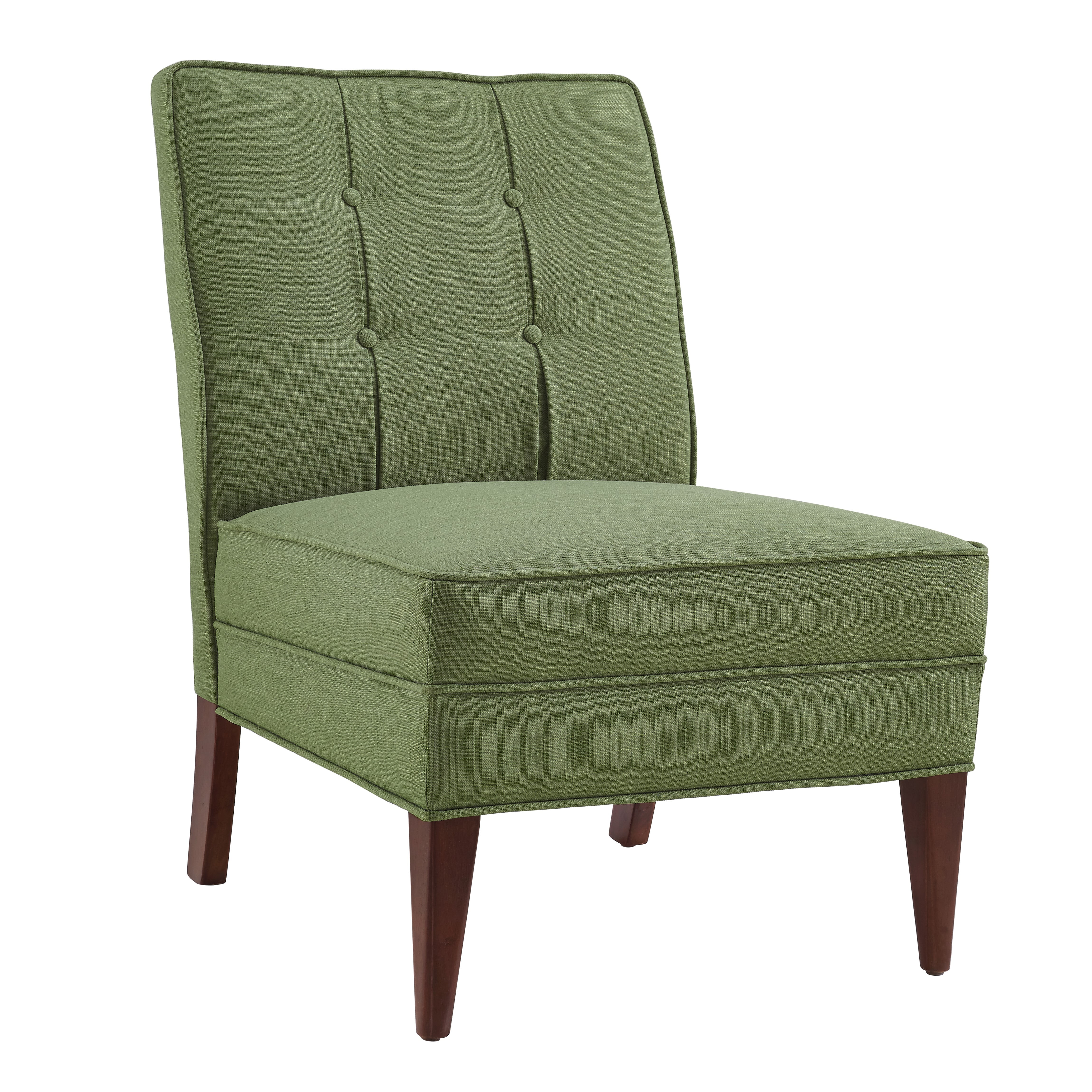 Fabric Upholstered Slipper Chair with Button Tufting, Green and Brown