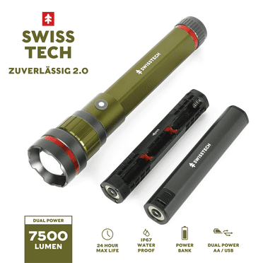 Swiss Tech 7500 Lumen LED Flashlight Rechargeable Dual Power AA/USB, Charging Bank, IP67 Waterproof