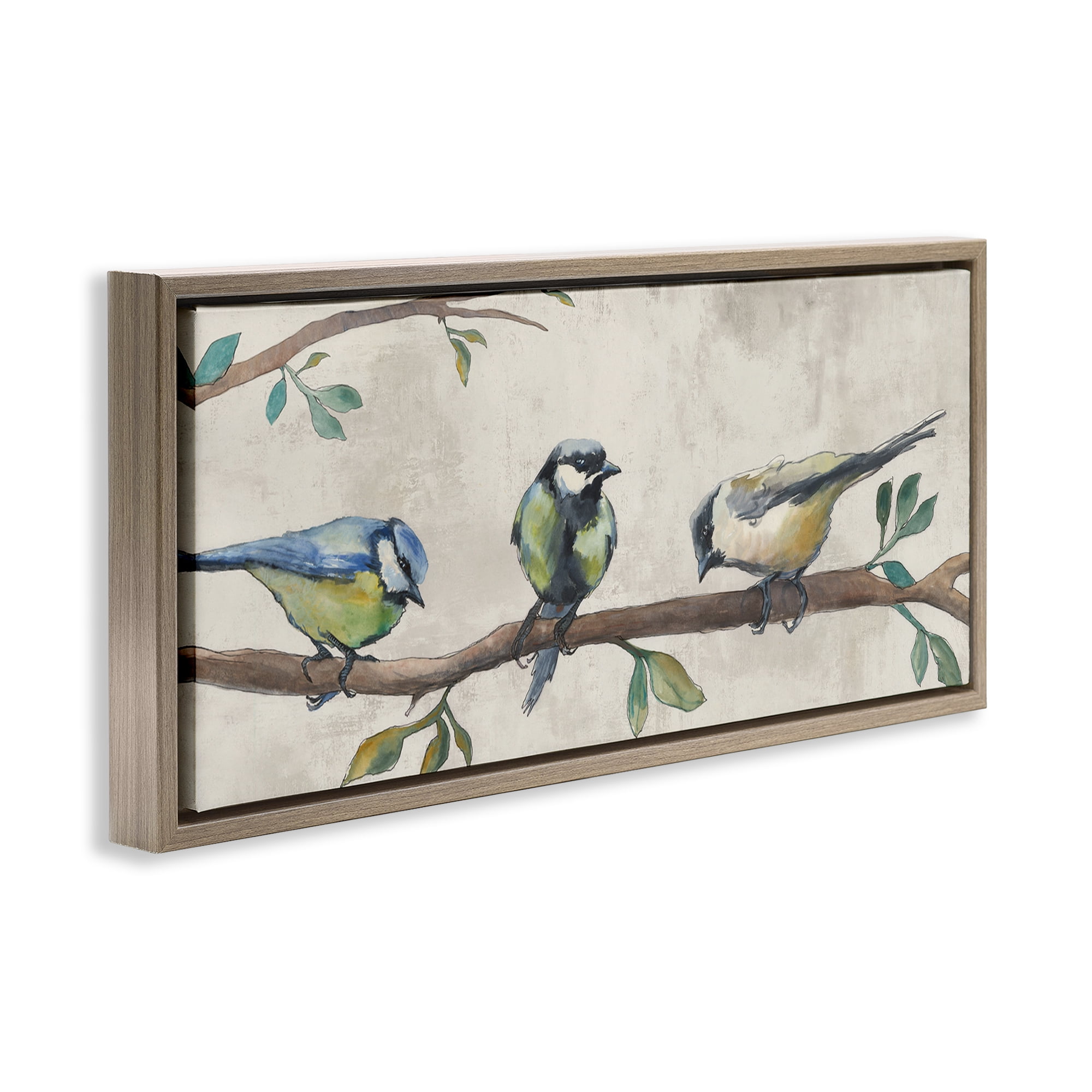 Stupell Industries Perched Songbirds on Branch Animals Painting Brown Floater Framed Canvas Art Print Wall Art, 31 x 14