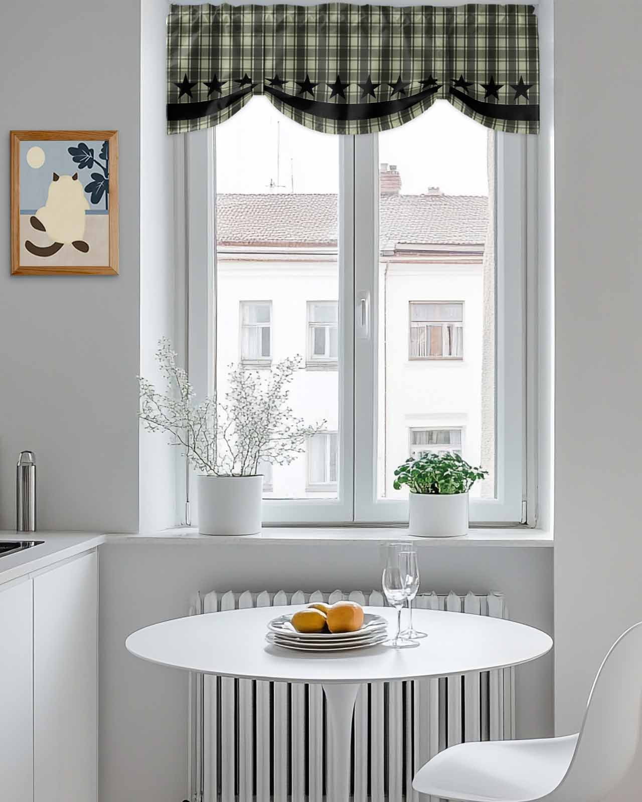 Checkered Stars Tie Up Valances Curtain, Adjustable Kitchen Sage Green Black Plaid Art Valances for Windows Decor, Rod Pocket Short Curtains Set for Bedroom/Bathroom, 54"x18"