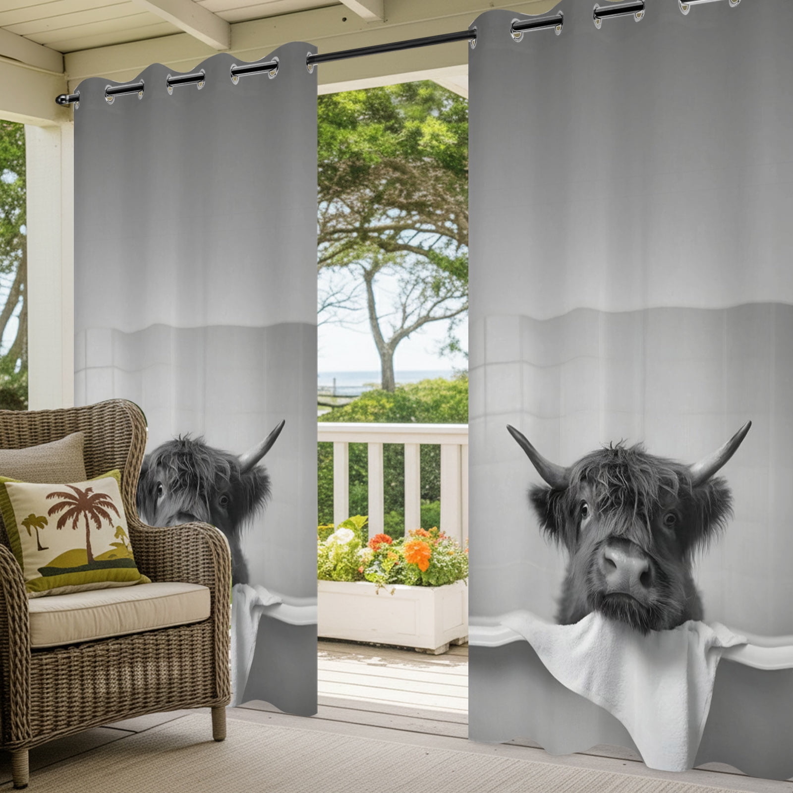 Highland Cow in The Bathtub Outdoor Curtains for Patio, Funny Animal Bathroom Sunshade Privacy Drapes Grommet Waterproof Outside Curtains for Porch/Cabana/Balcony 54"x 108", 1 Panel