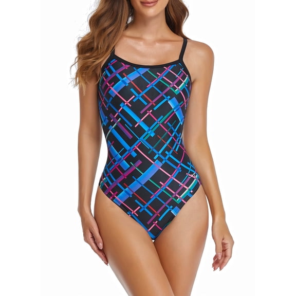 Adoretex Girl's/Women's Printed Cross Puzzle One Piece Thin Strap Swimsuit (FN041) - Blue Combo - 26