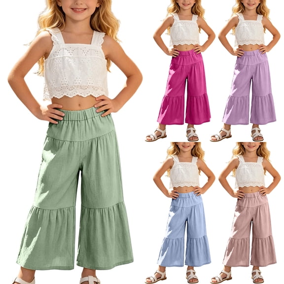 OGLCCG Girls Summer Outfit Sleeveless Lace Crop Tank Tops and Wide Leg Ruffle Pants Cute 2 Piece Clothing Set 2-8 Years