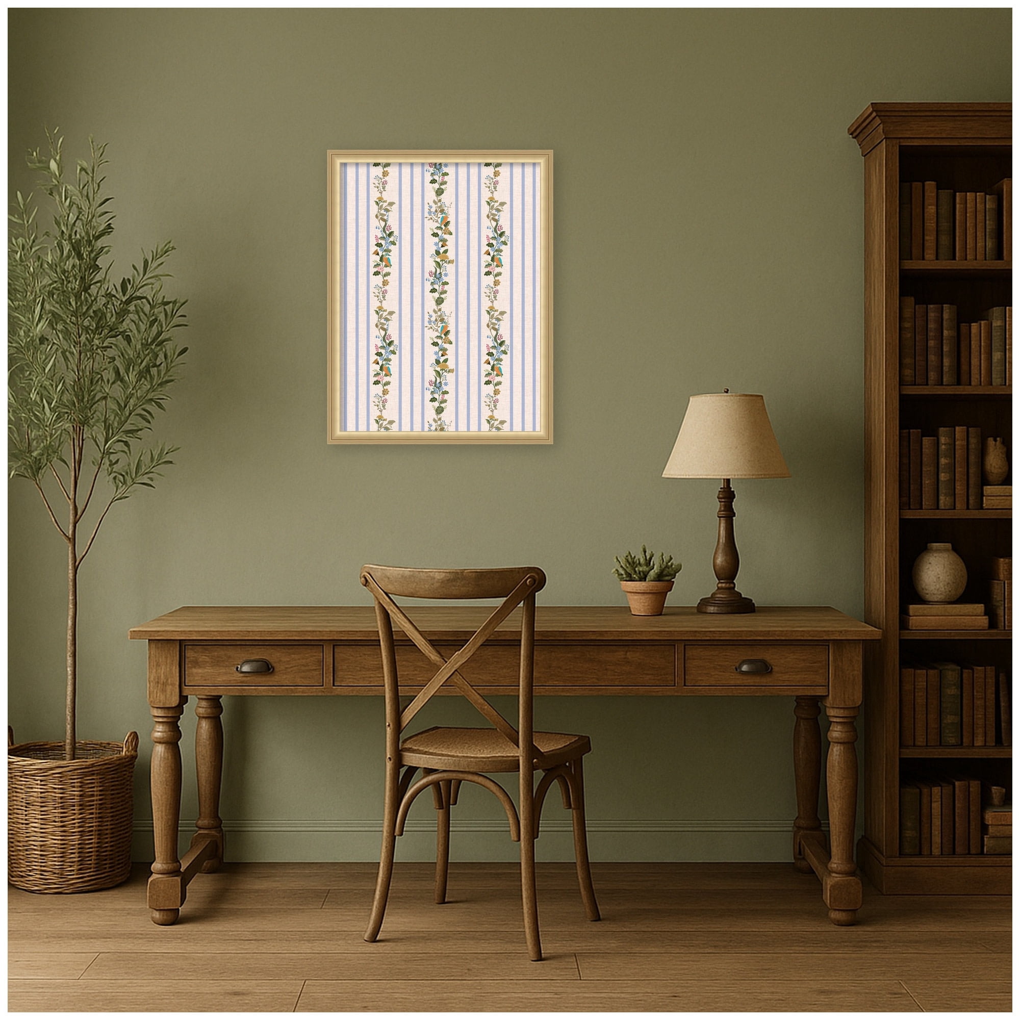 Kate and Laurel Framed Fabric Pinboard 20 x 26, MC Striped Botanical Birds Singing Printed Linen Casual Transitional Bulletin Board for Use as a Vision Board or Wall Organization, Florence Gold Frame