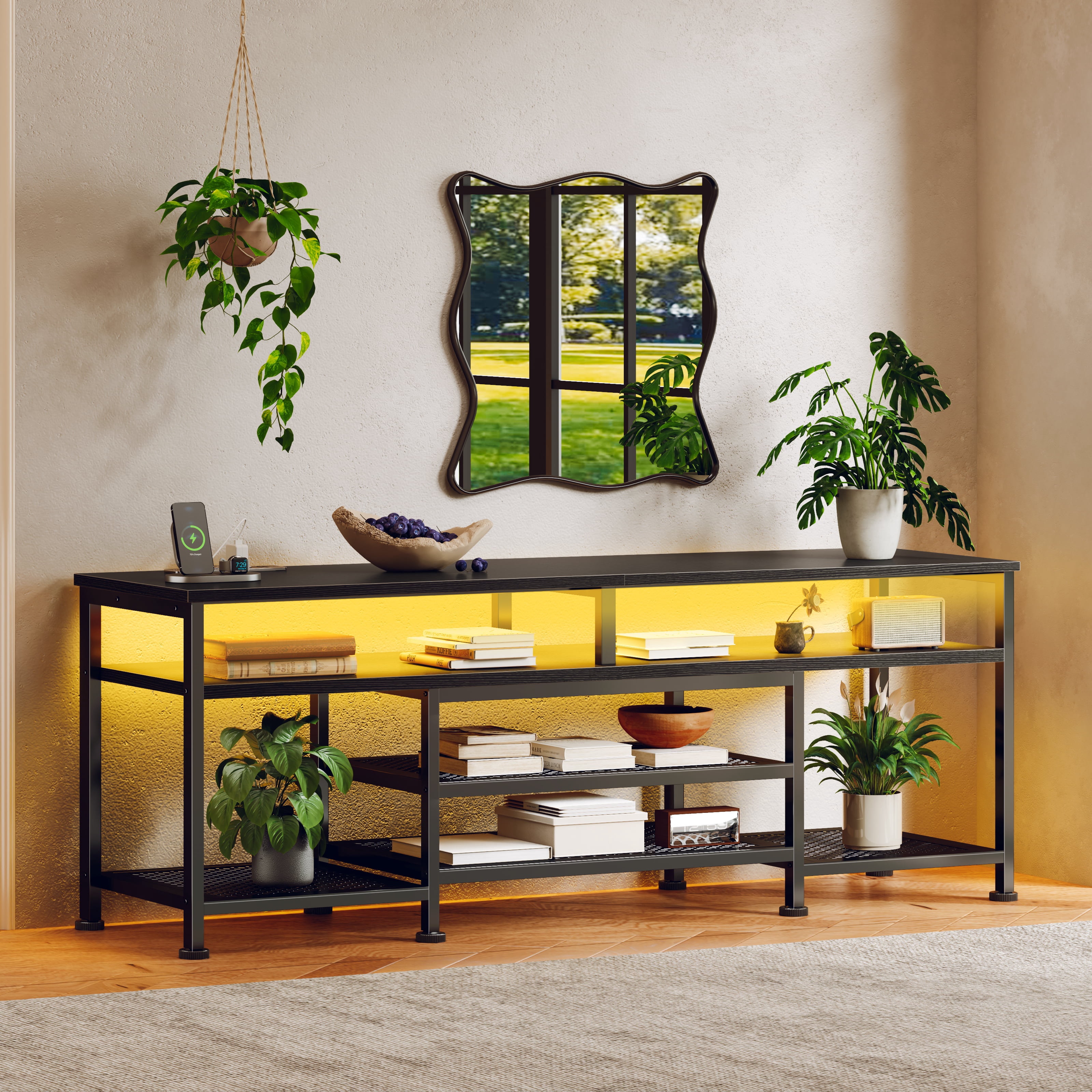Tydimor Modern TV Stand for TVs up to 70", Media Console with Storage for Living Room, LED Entertainment Center with Outlets, Black